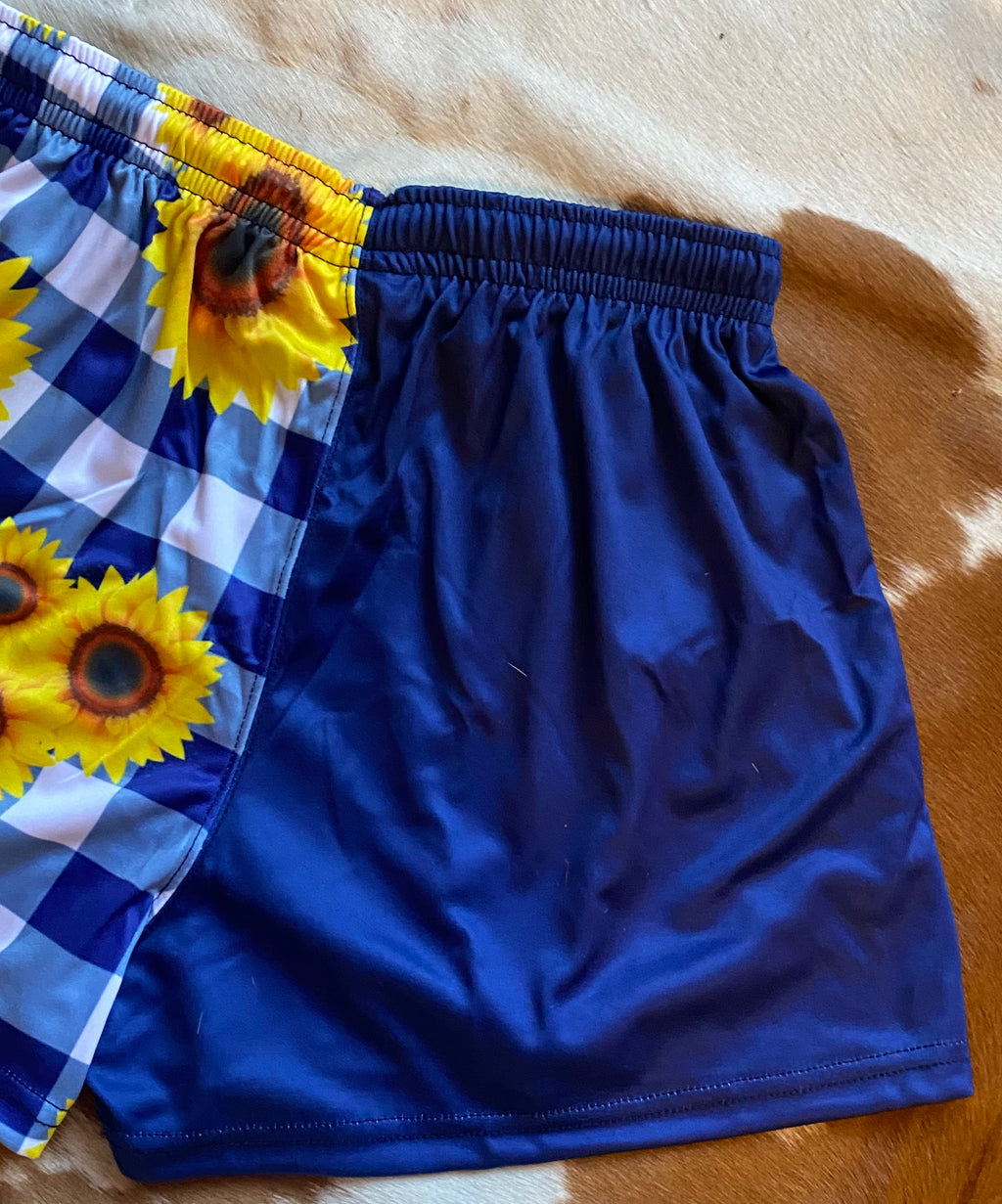 Footy Shorts - Navy & white gingham with sunflowers - Zip pockets