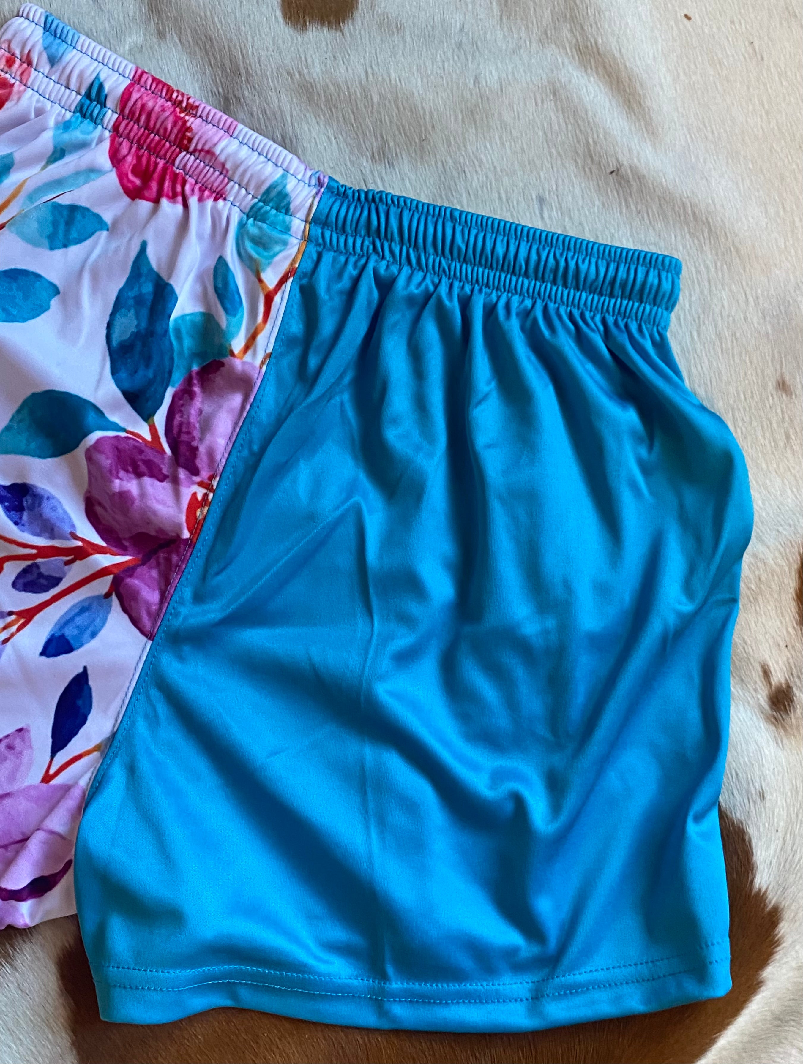 Footy Shorts - Teal & Floral - Zip pockets