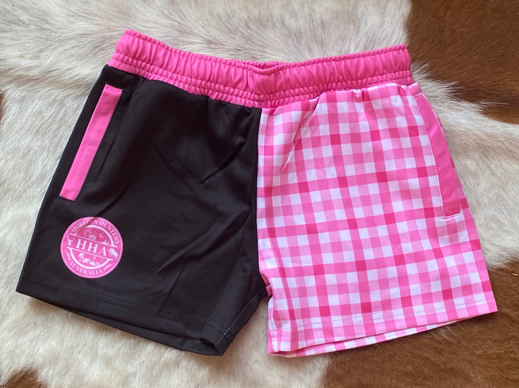 Kids - Footy Shorts - Pink Gingham - Zip Pockets - Wrap around design