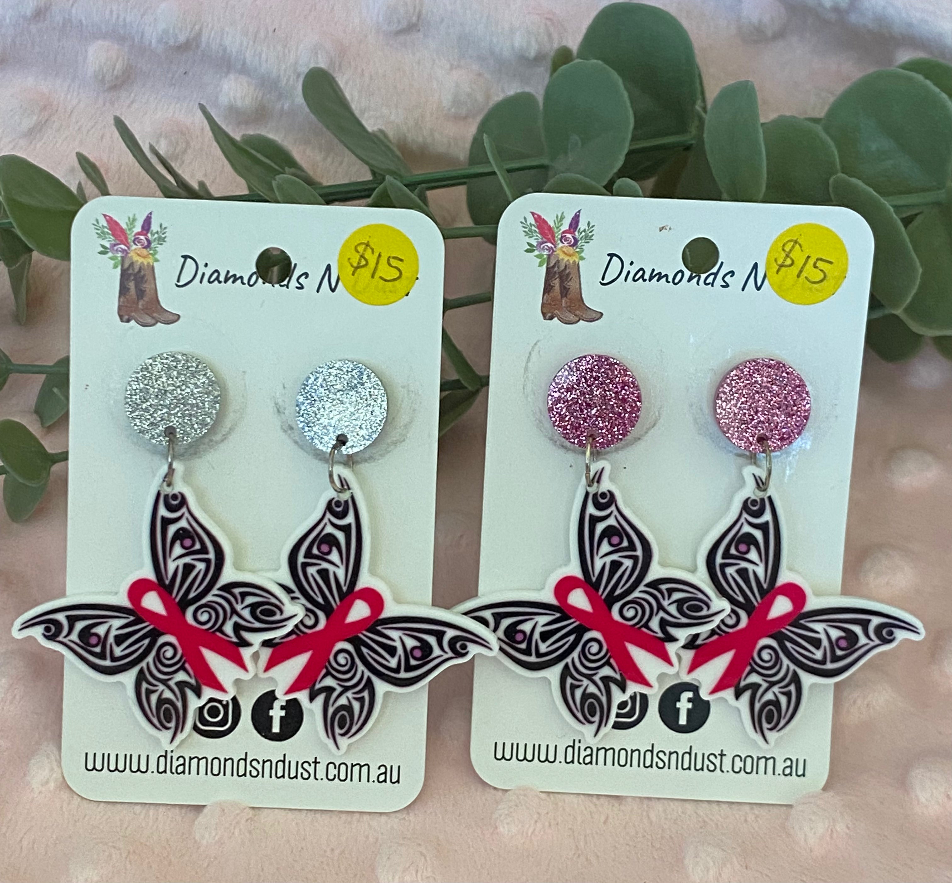Dangle earrings - Pink Ribbon Butterflies (2 colour options)