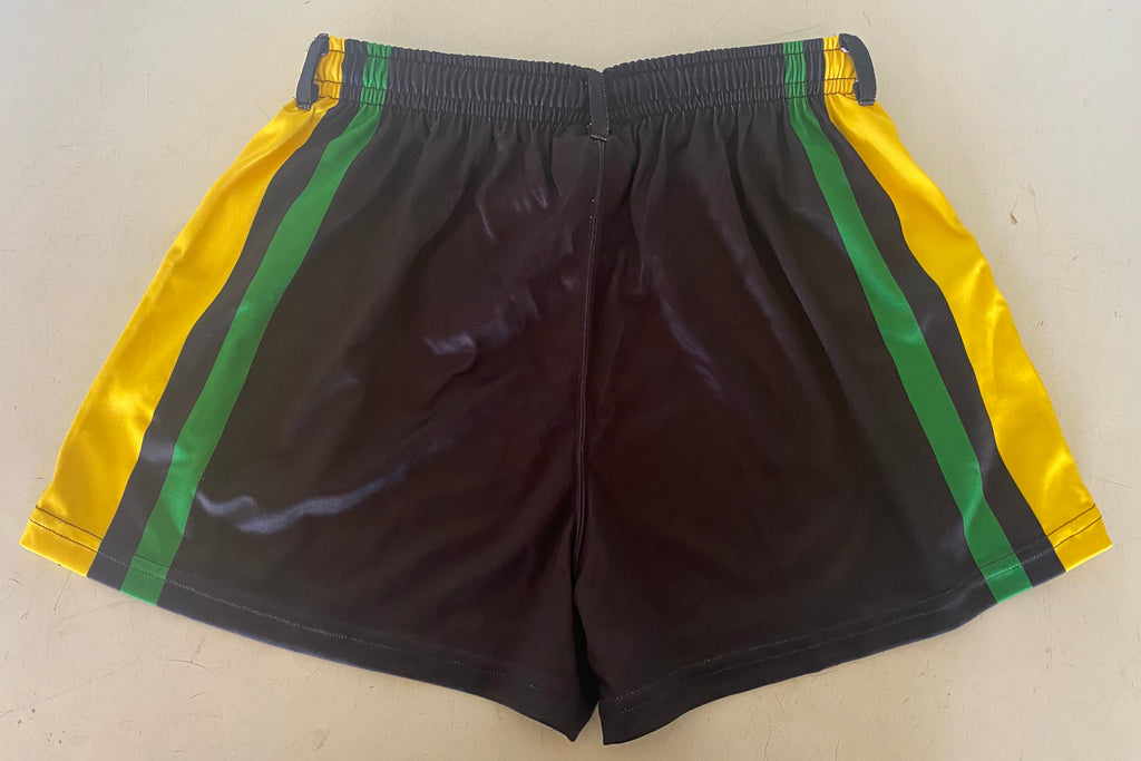 Kids - Footy Shorts - Black, Green & Yellow Stripes - Pockets & belt loops