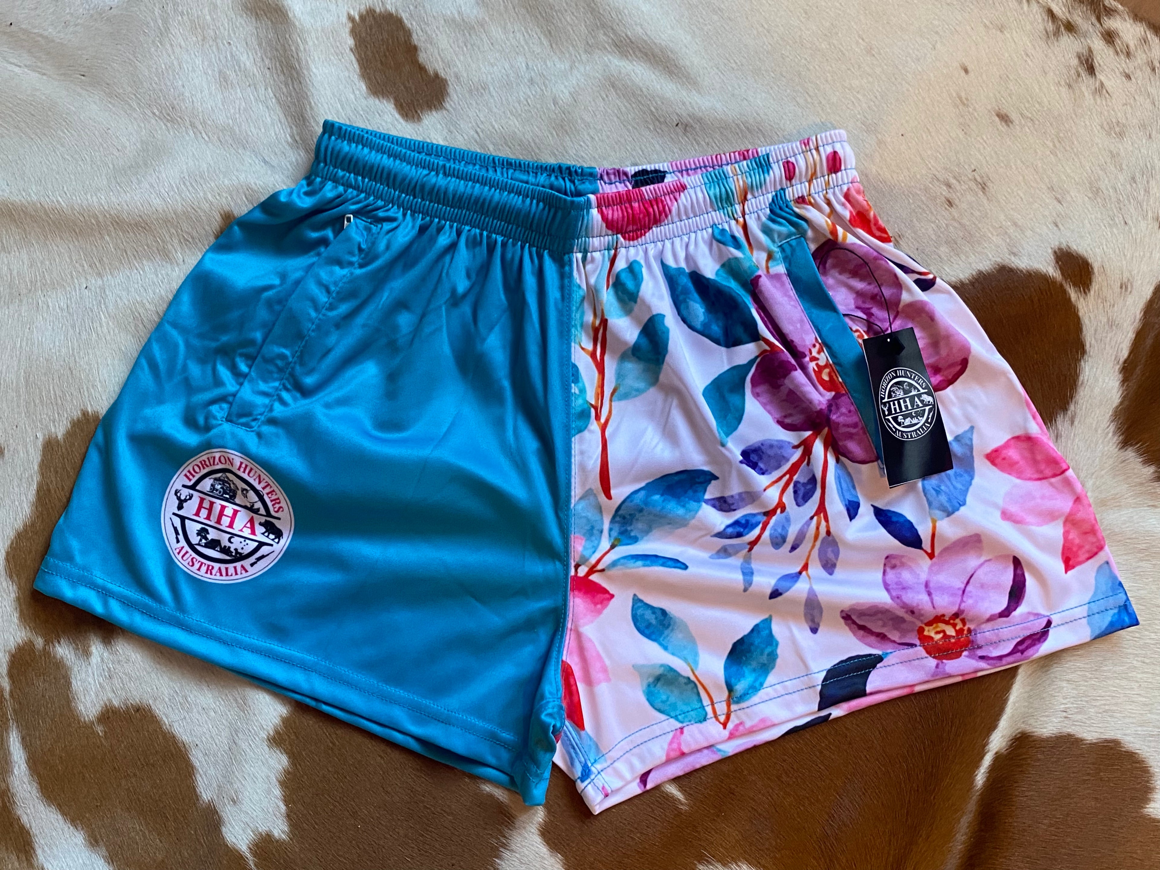 Footy Shorts - Teal & Floral - Zip pockets