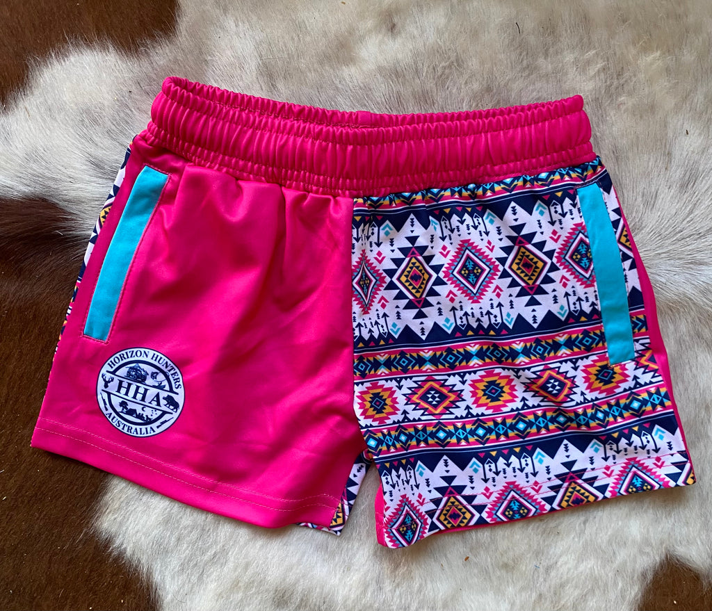 Kids - Footy Shorts - Pink Aztec - Zip Pockets