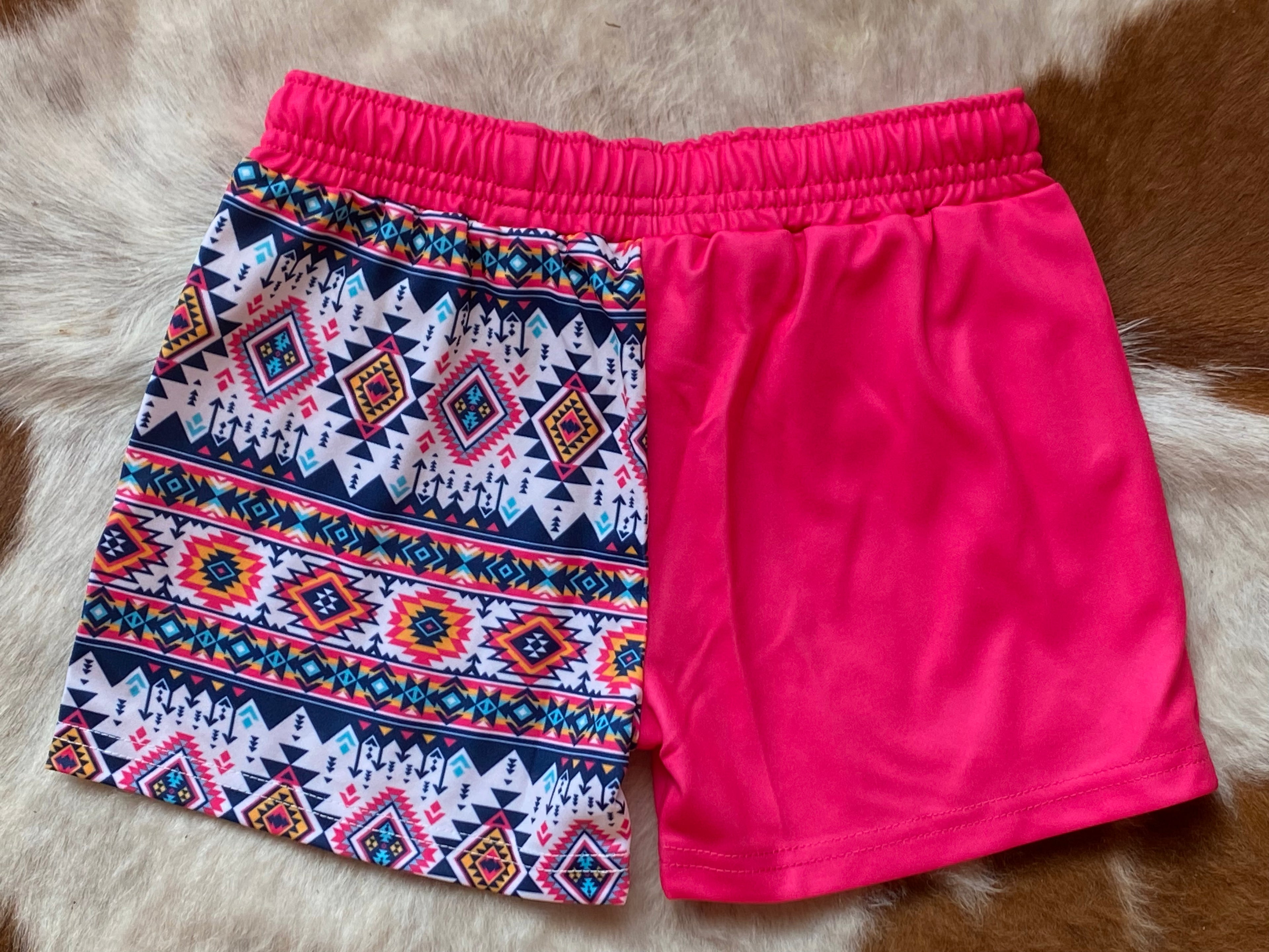 Kids - Footy Shorts - Pink Aztec - Zip Pockets - wrap around design