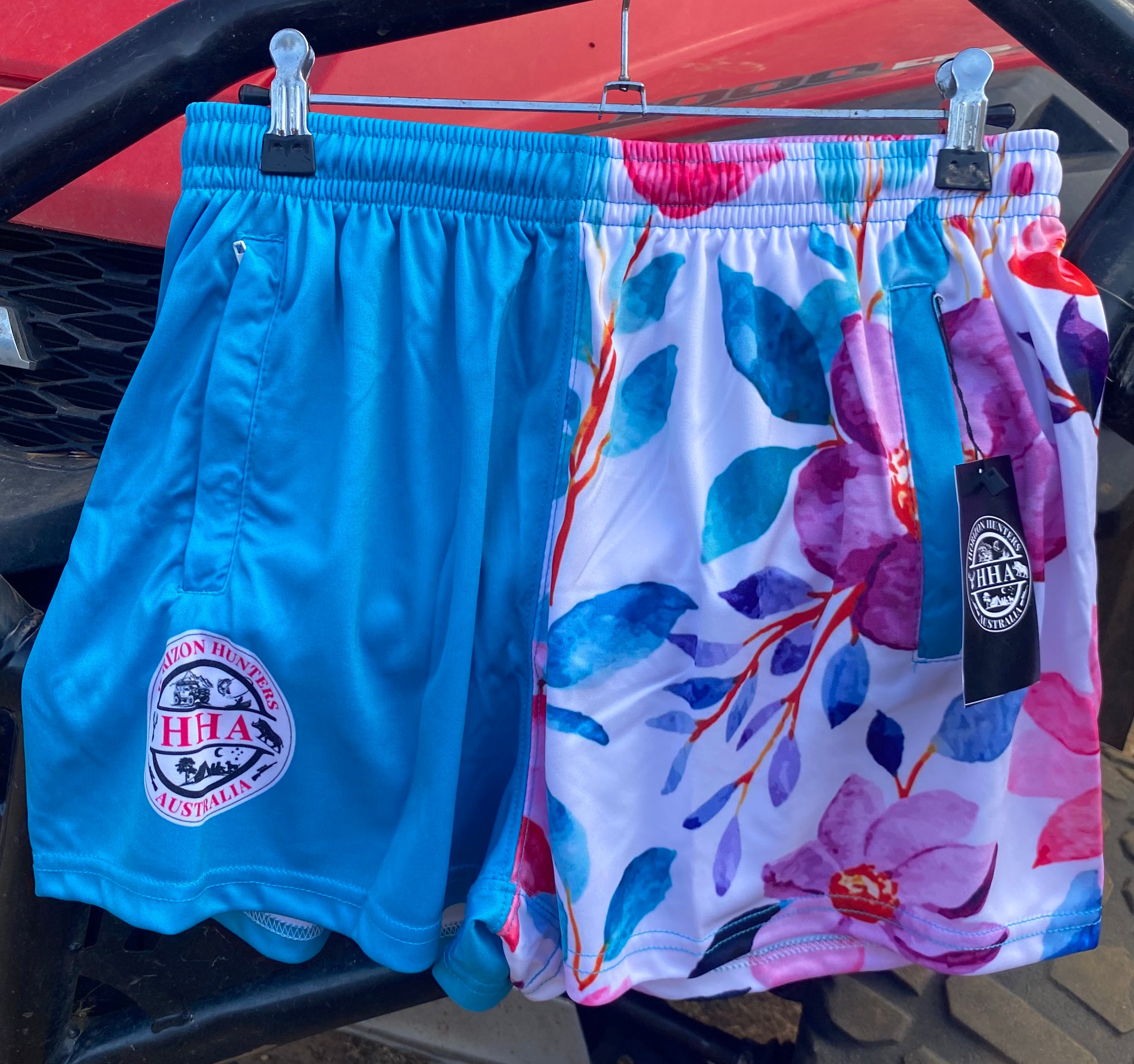 Footy Shorts - Teal & Floral - Zip pockets