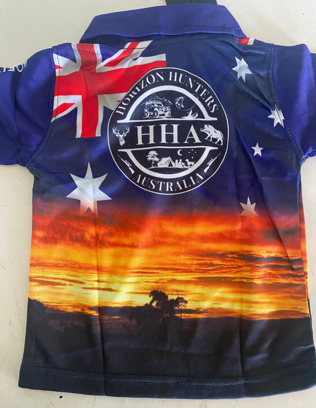 Kids - Fishing Shirt - Australian Flag & sunset - size 0-12
