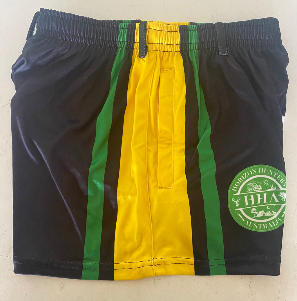 Kids - Footy Shorts - Black, Green & Yellow Stripes - Pockets & belt loops