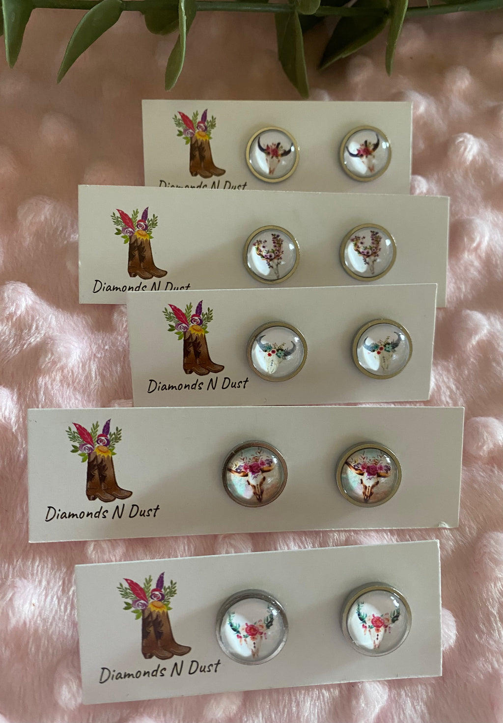 Stud Earrings - Cow and Deer Glass Cabochon set in silver bezel - 5 designs to choose from