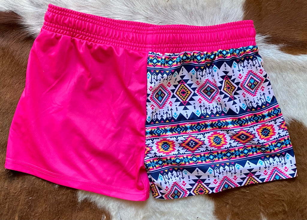 Footy Shorts - Pink Aztec - Zip Pockets