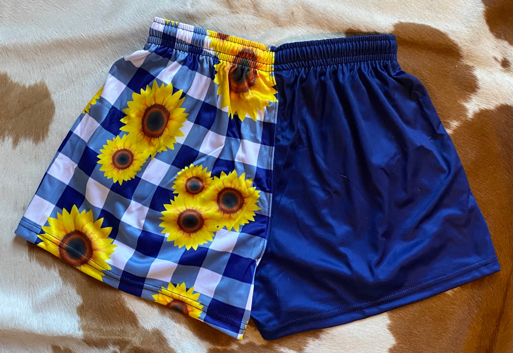 Footy Shorts - Navy & white gingham with sunflowers - Zip pockets