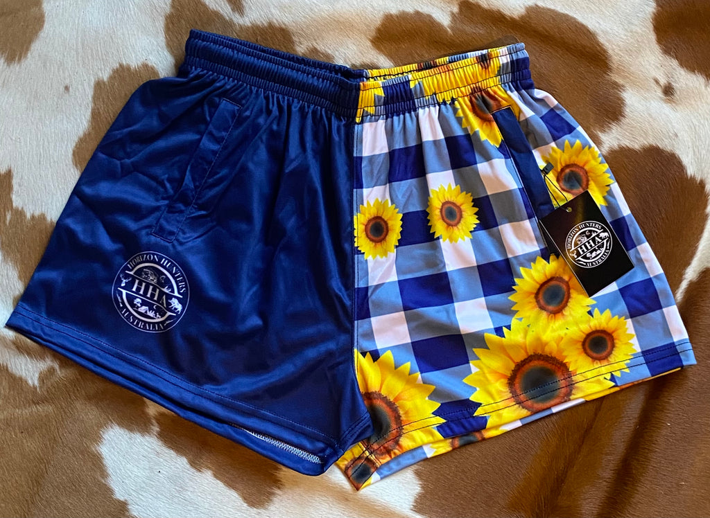 Footy Shorts - Navy & white gingham with sunflowers - Zip pockets
