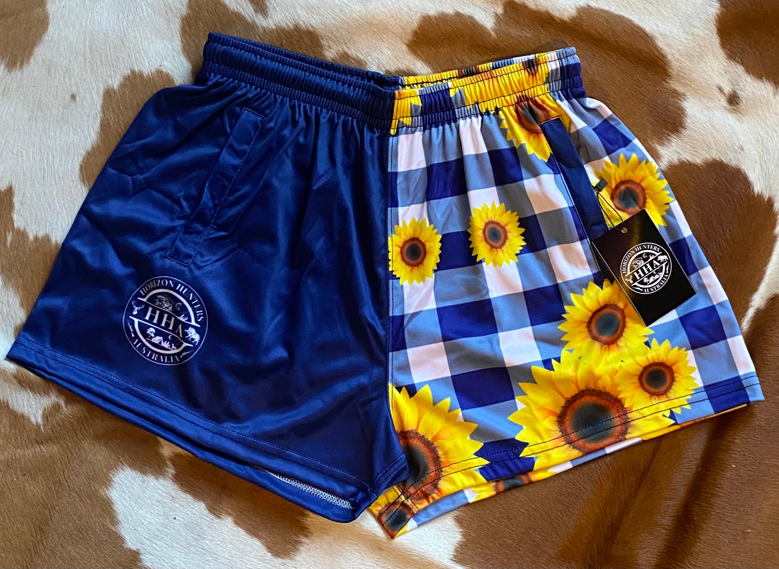Footy Shorts - Navy & white gingham with sunflowers - Zip pockets