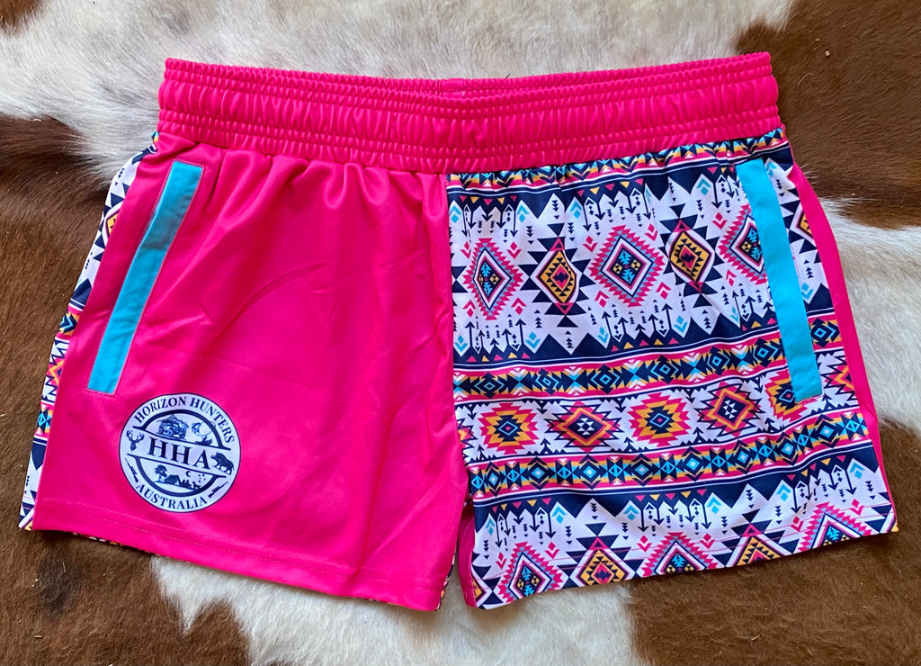 Footy Shorts - Pink Aztec - Zip Pockets