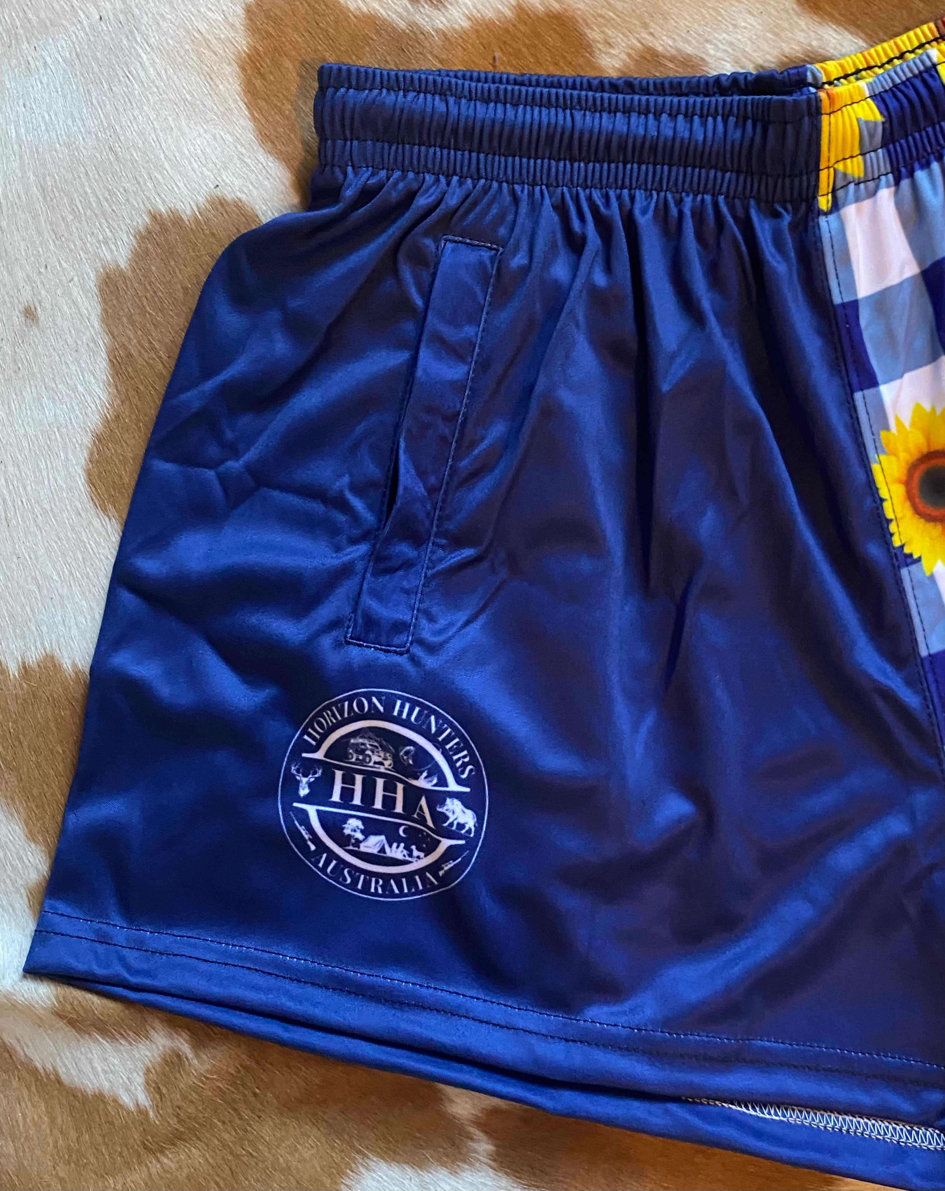 Footy Shorts - Navy & white gingham with sunflowers - Zip pockets