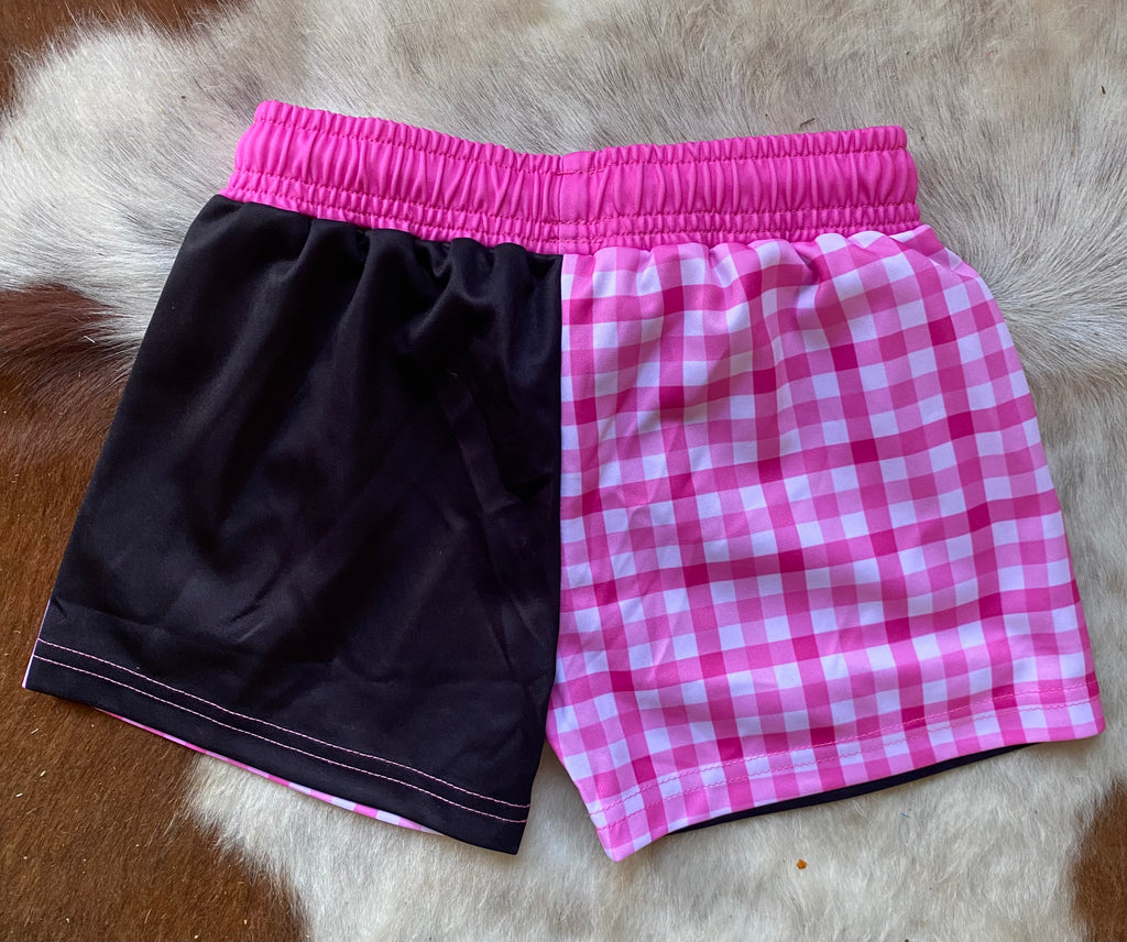 Kids - Footy Shorts - Pink Gingham - Zip Pockets - Wrap around design