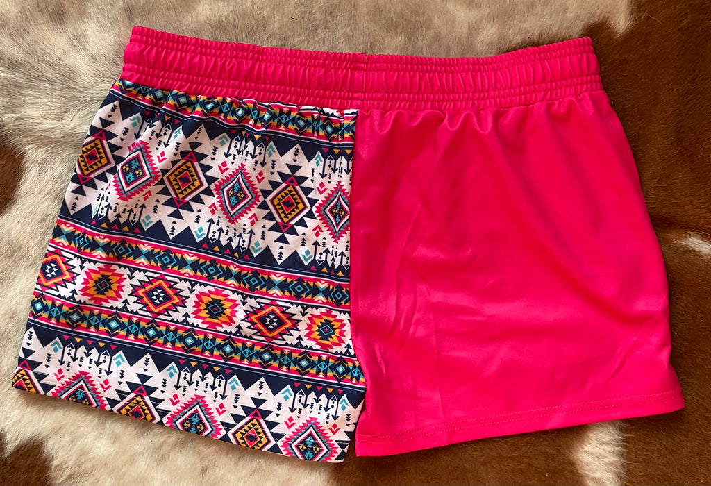 Footy Shorts - Pink Aztec - Zip Pockets - wrap around design