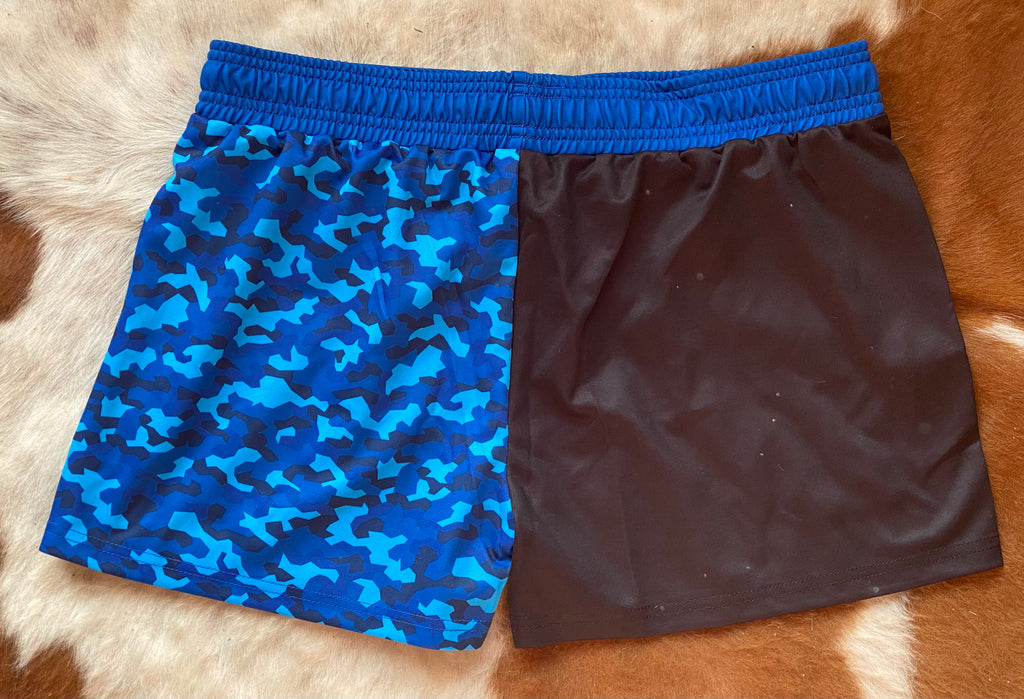 Footy Shorts - Blue Camo - Zip Pockets - Wrap around Design