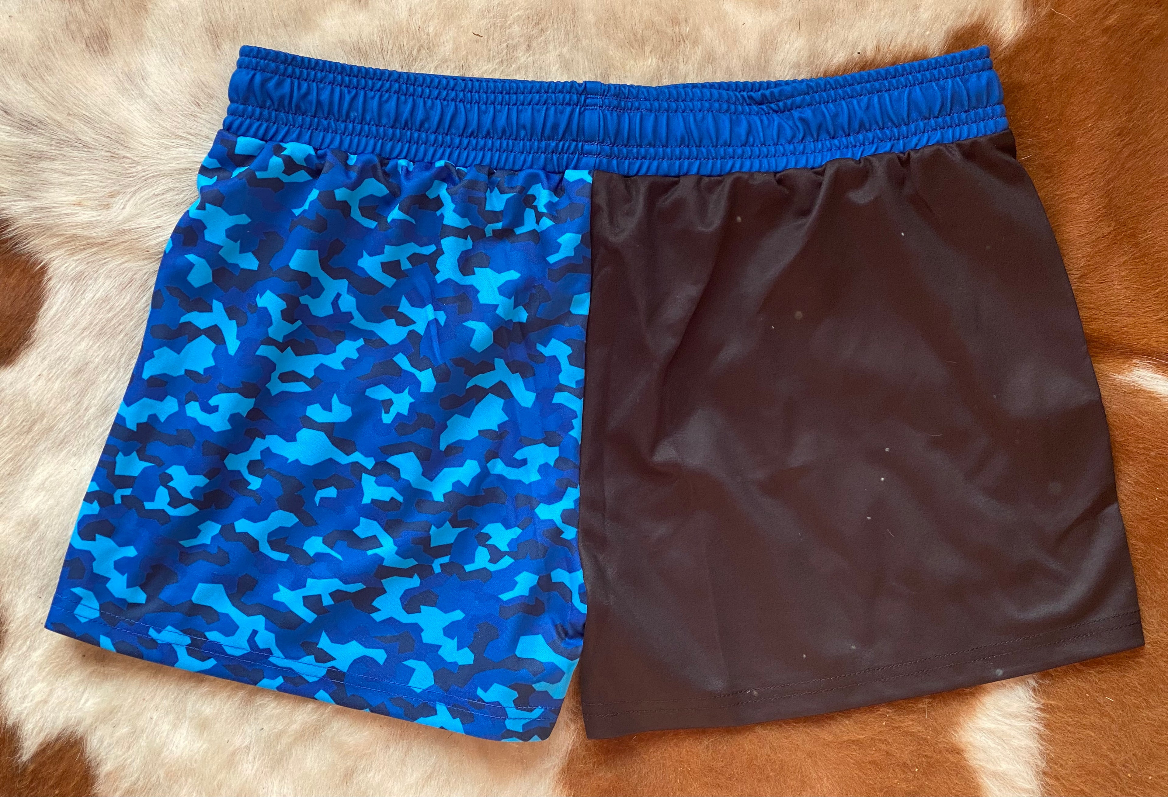 Footy Shorts - Blue Camo - Zip Pockets - Wrap around Design