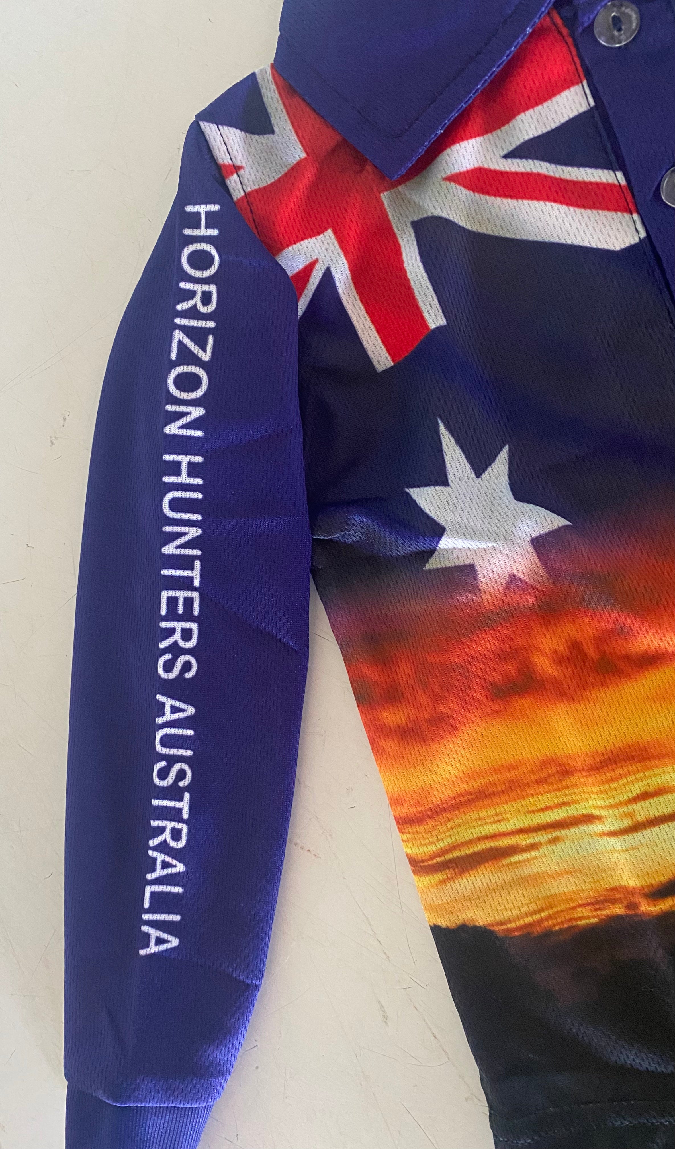 Kids - Fishing Shirt - Australian Flag & sunset - size 0-12
