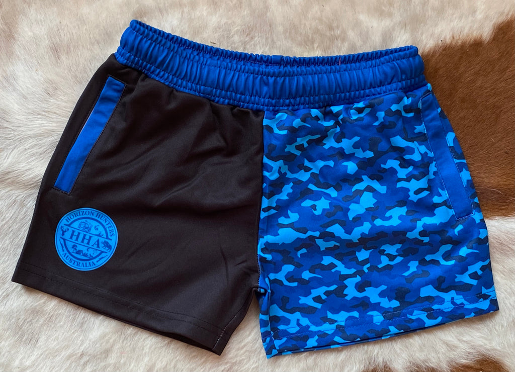 Kids - Footy Shorts - Blue Camo - Zip Pockets - Wrap around design