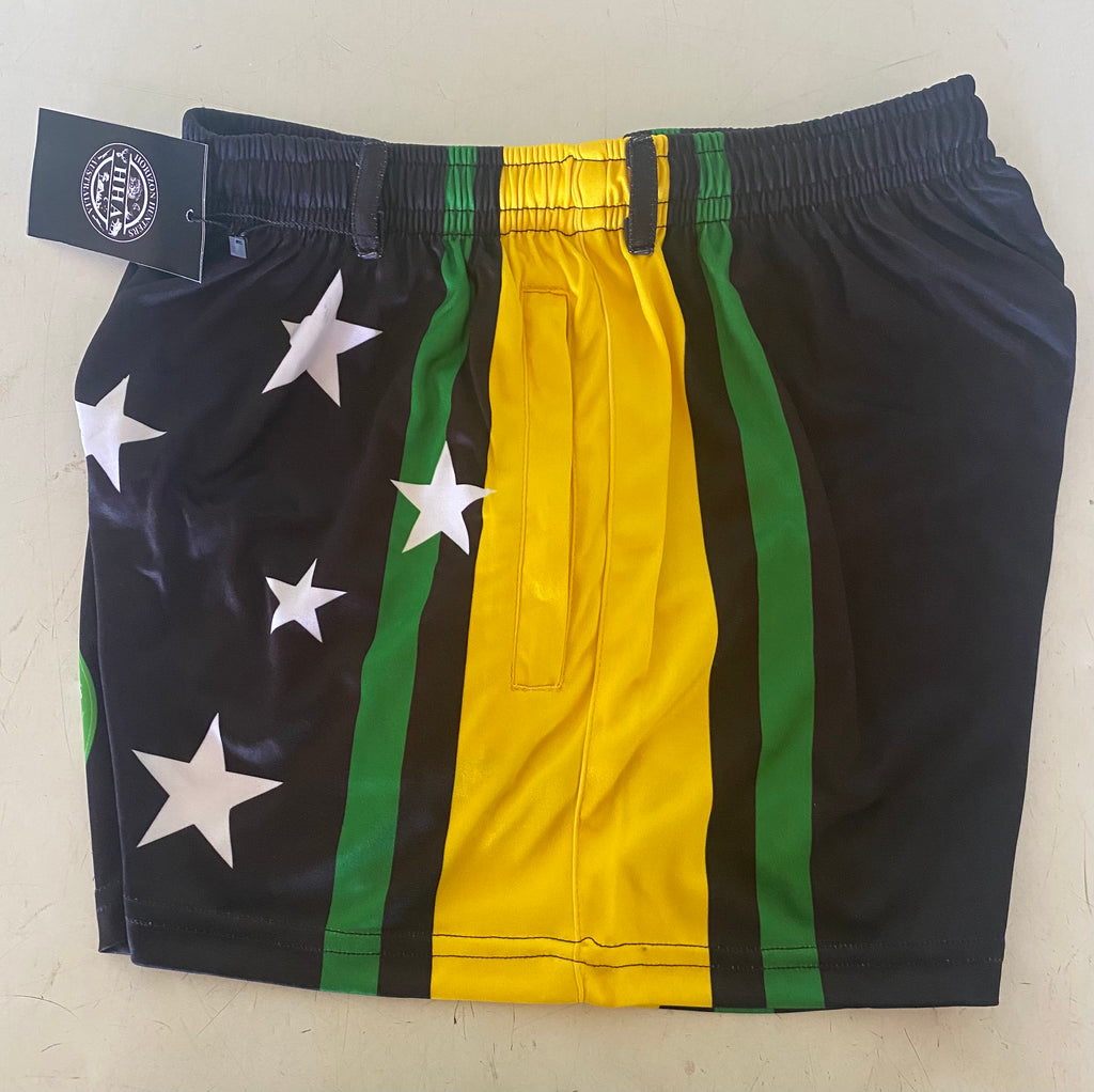 Kids - Footy Shorts - Black, Green & Yellow Stripes - Pockets & belt loops