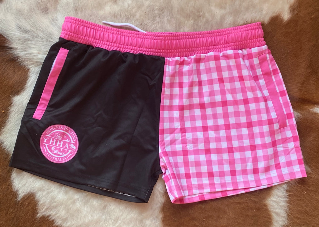 Footy Shorts - Pink Gingham - Zip Pockets - wrap around design