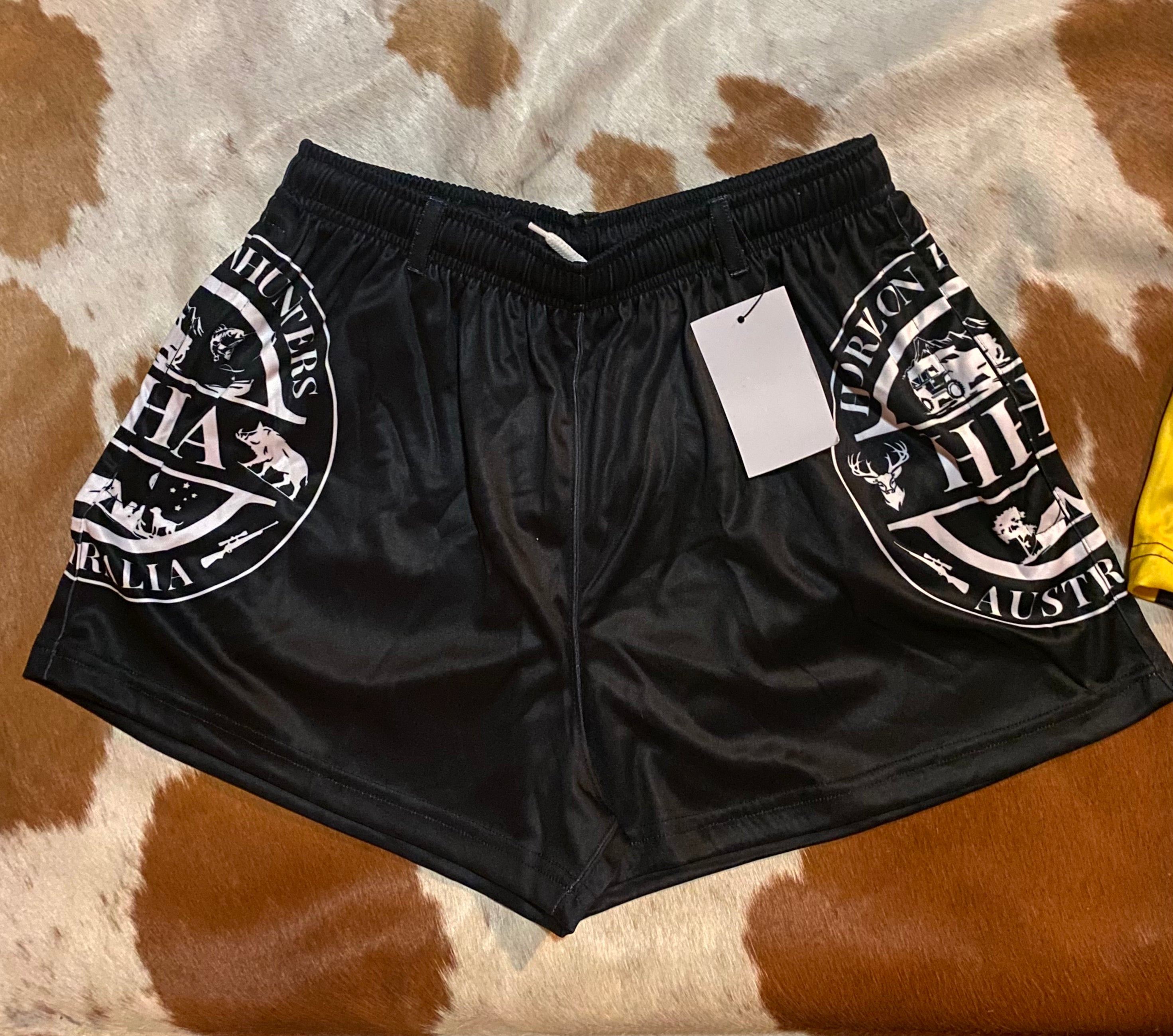 Footy Shorts - Black & White logo - Zip pockets & Belt Loops