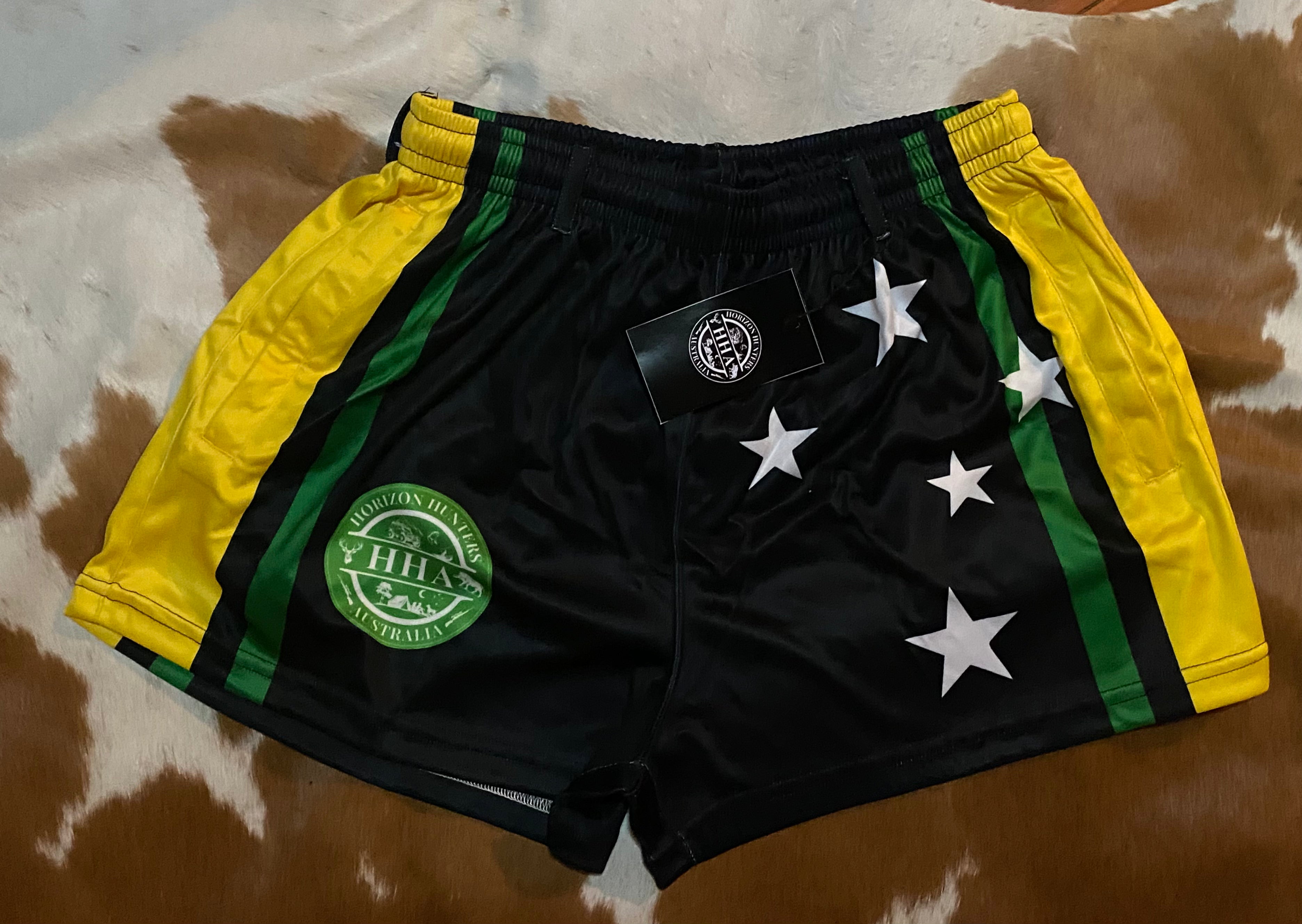 Footy Shorts - Green, Yellow & Black - Zip pockets & Belt Loops
