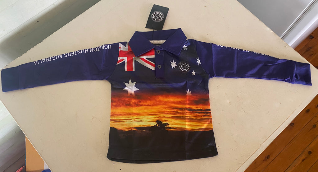 Kids - Fishing Shirt - Australian Flag & sunset - size 0-12
