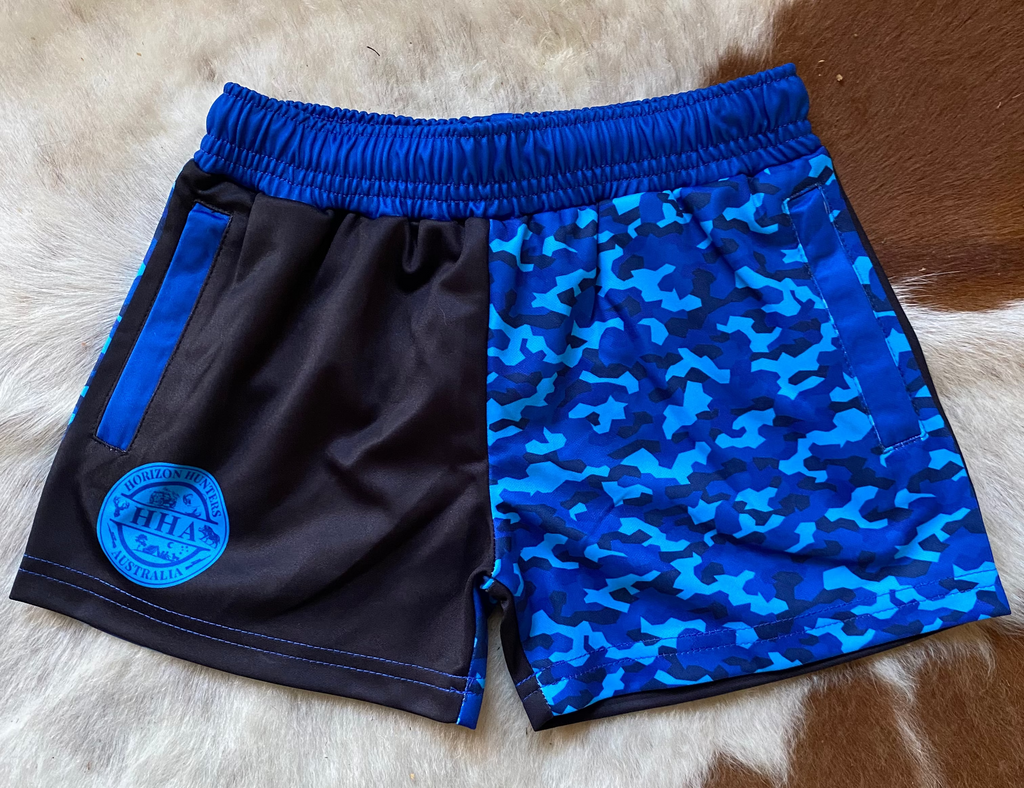 Kids - Footy Shorts - Blue Camo - Zip Pockets - Wrap around design