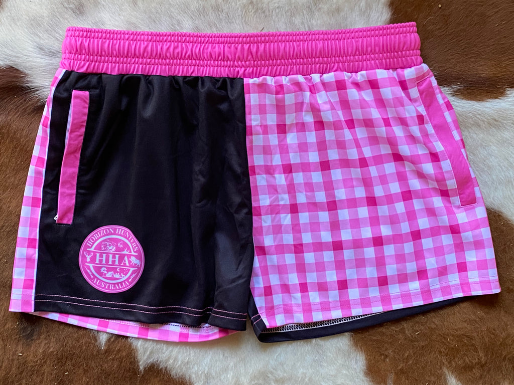 Footy Shorts - Pink Gingham - Zip Pockets