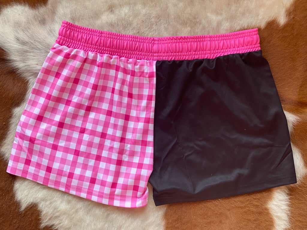 Footy Shorts - Pink Gingham - Zip Pockets - wrap around design