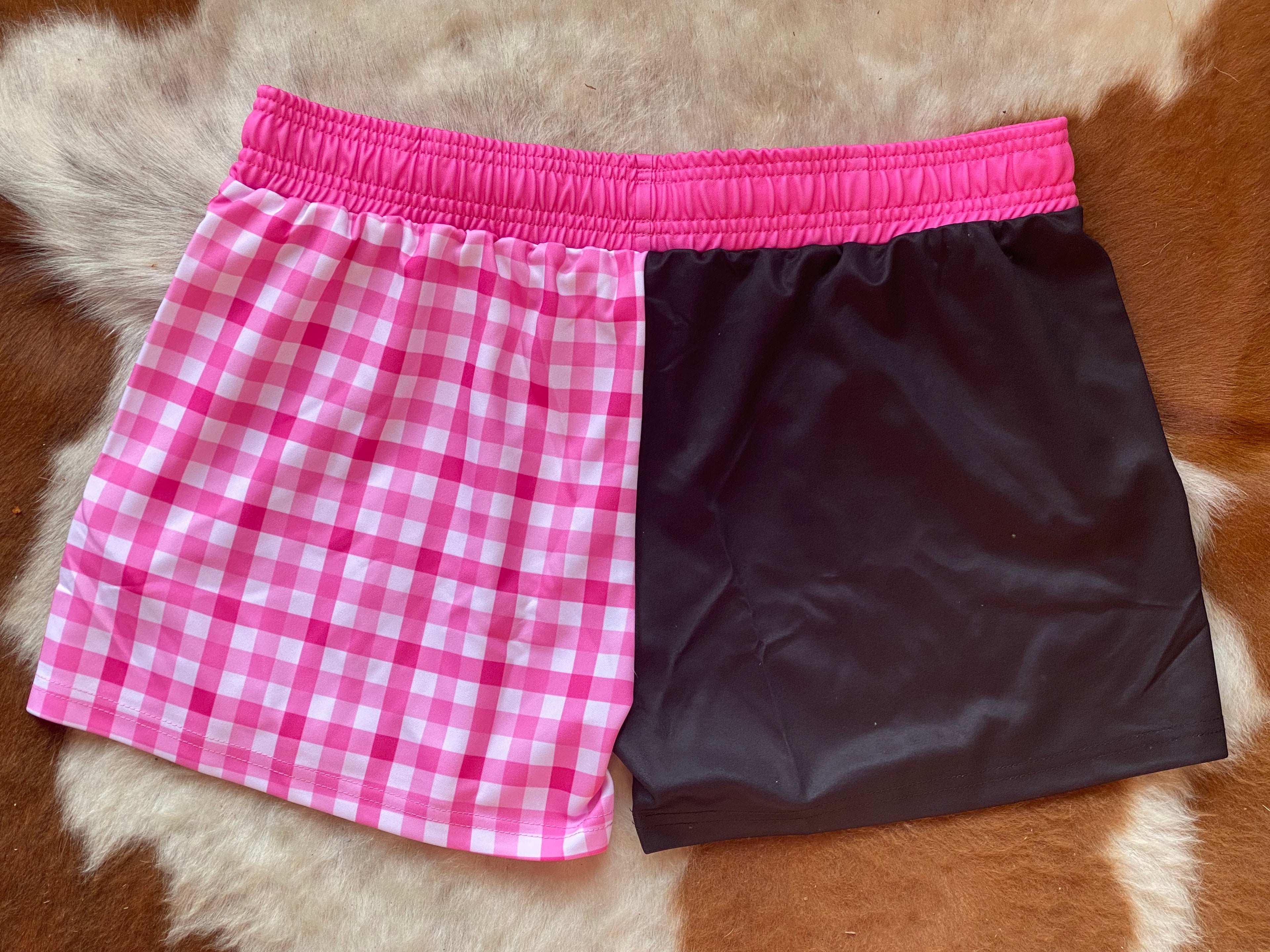 Footy Shorts - Pink Gingham - Zip Pockets - wrap around design