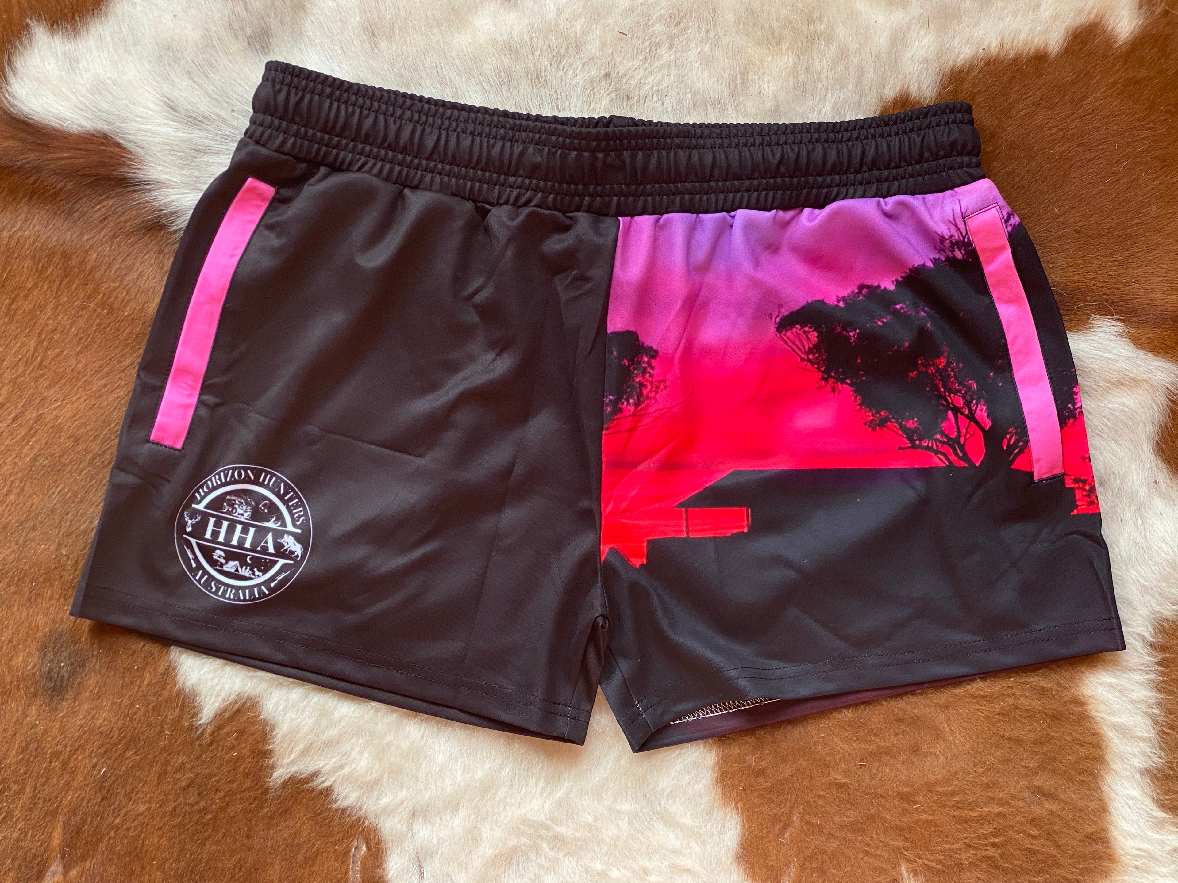 Footy Shorts - Pink Sunset - Zip Pockets - wrap around design
