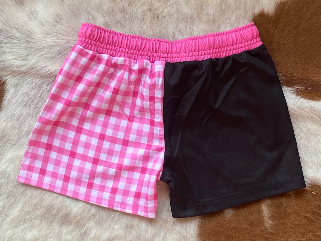 Kids - Footy Shorts - Pink Gingham - Zip Pockets - Wrap around design