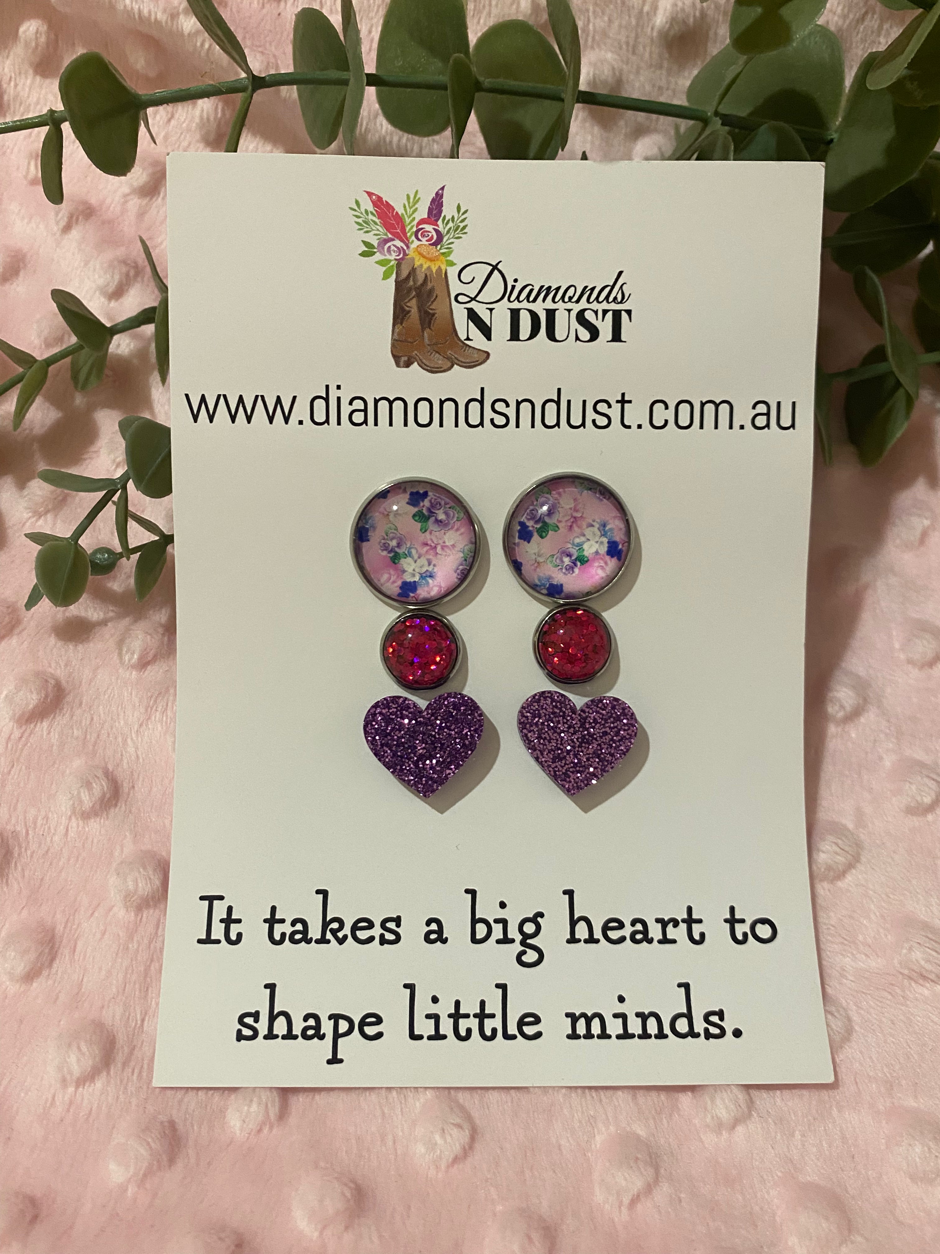 Stud Earrings - Teacher Gifts “It takes a big heart to shape little minds” - trio pack - 7 pack options
