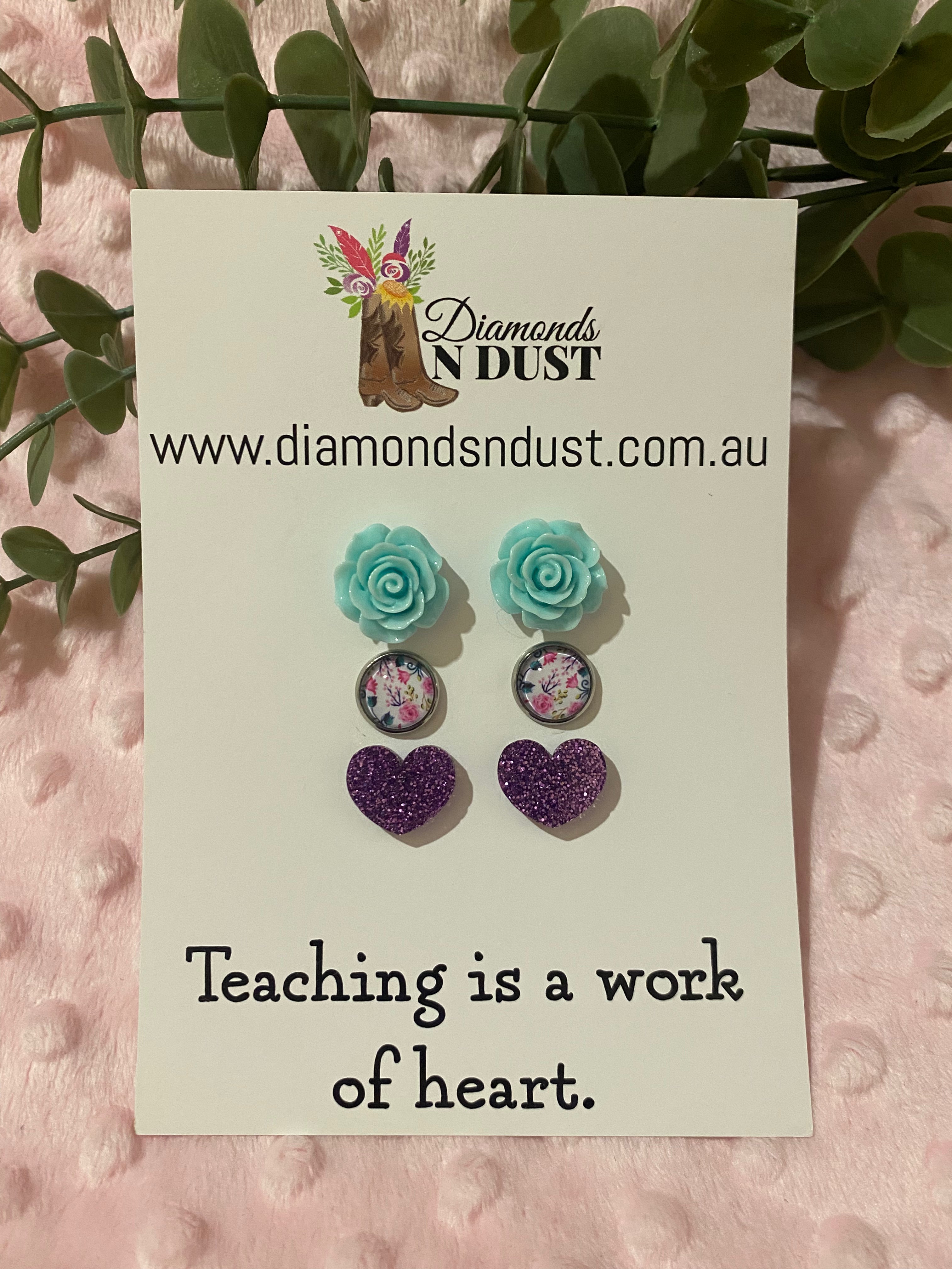 Stud Earrings - Teacher Gifts “Teaching is a work of heart” - trio pack - 2 pack options