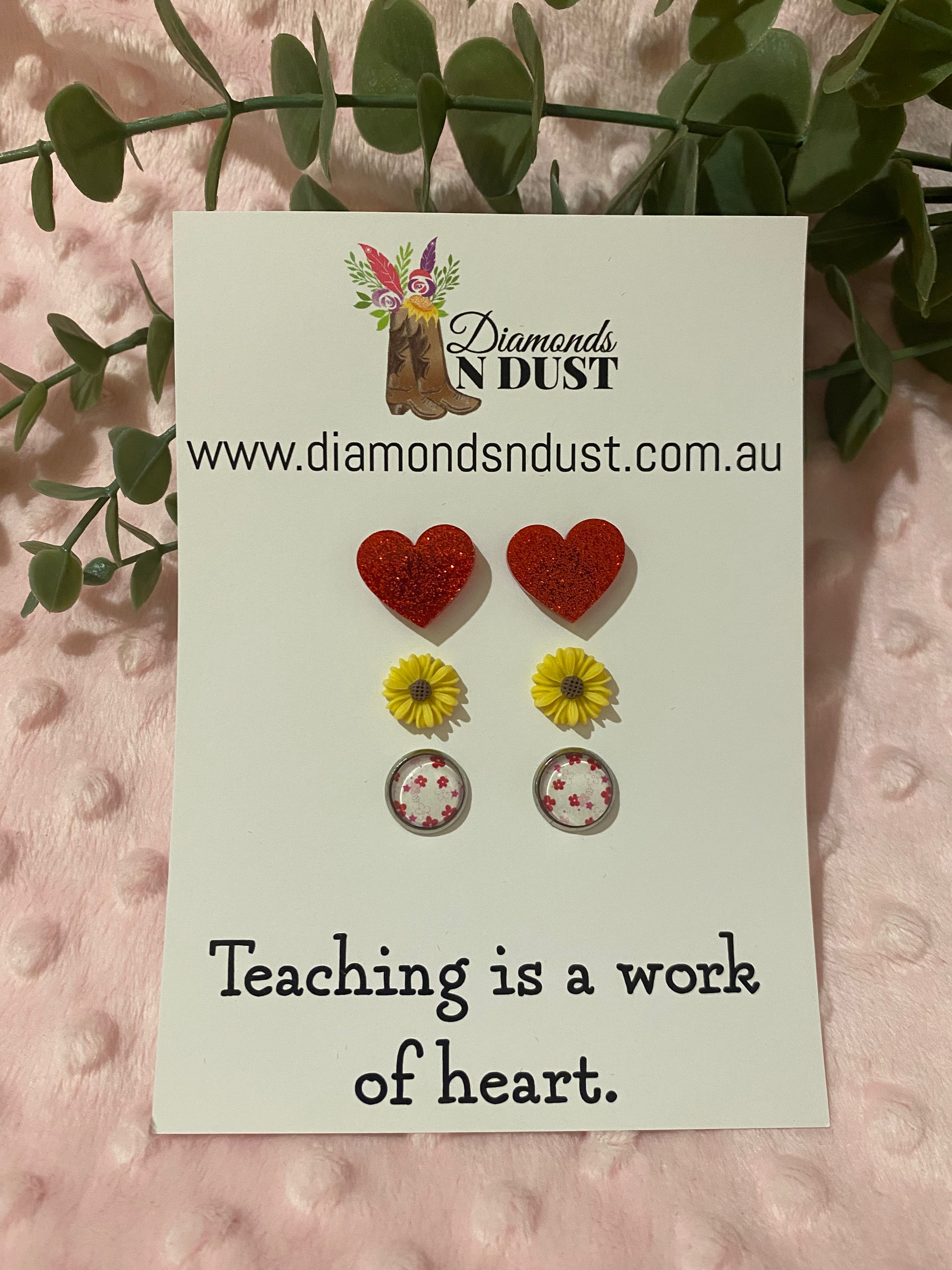 Stud Earrings - Teacher Gifts “Teaching is a work of heart” - trio pack - 2 pack options