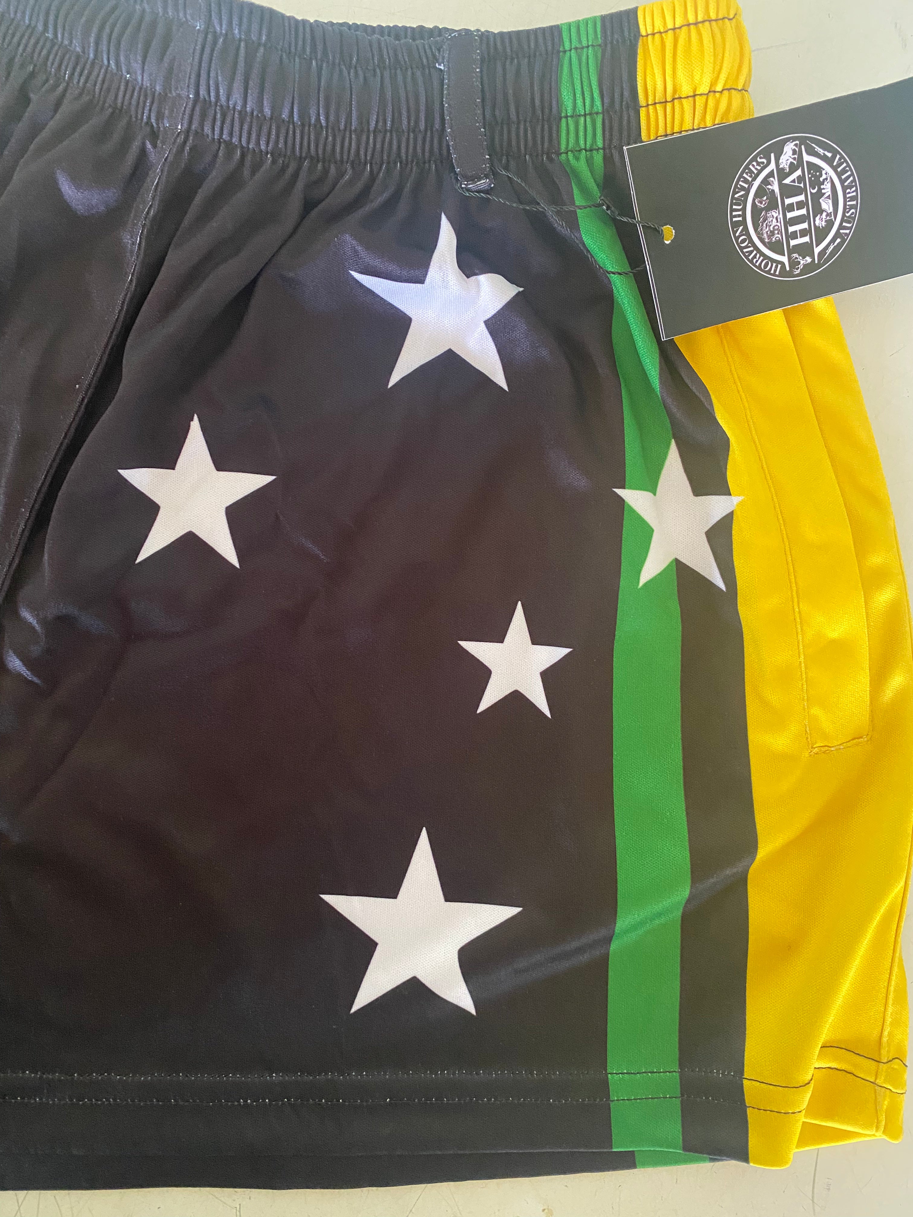 Kids - Footy Shorts - Black, Green & Yellow Stripes - Pockets & belt loops