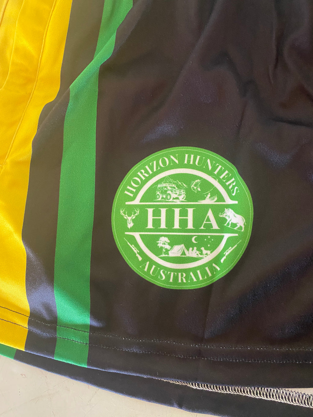 Kids - Footy Shorts - Black, Green & Yellow Stripes - Pockets & belt loops