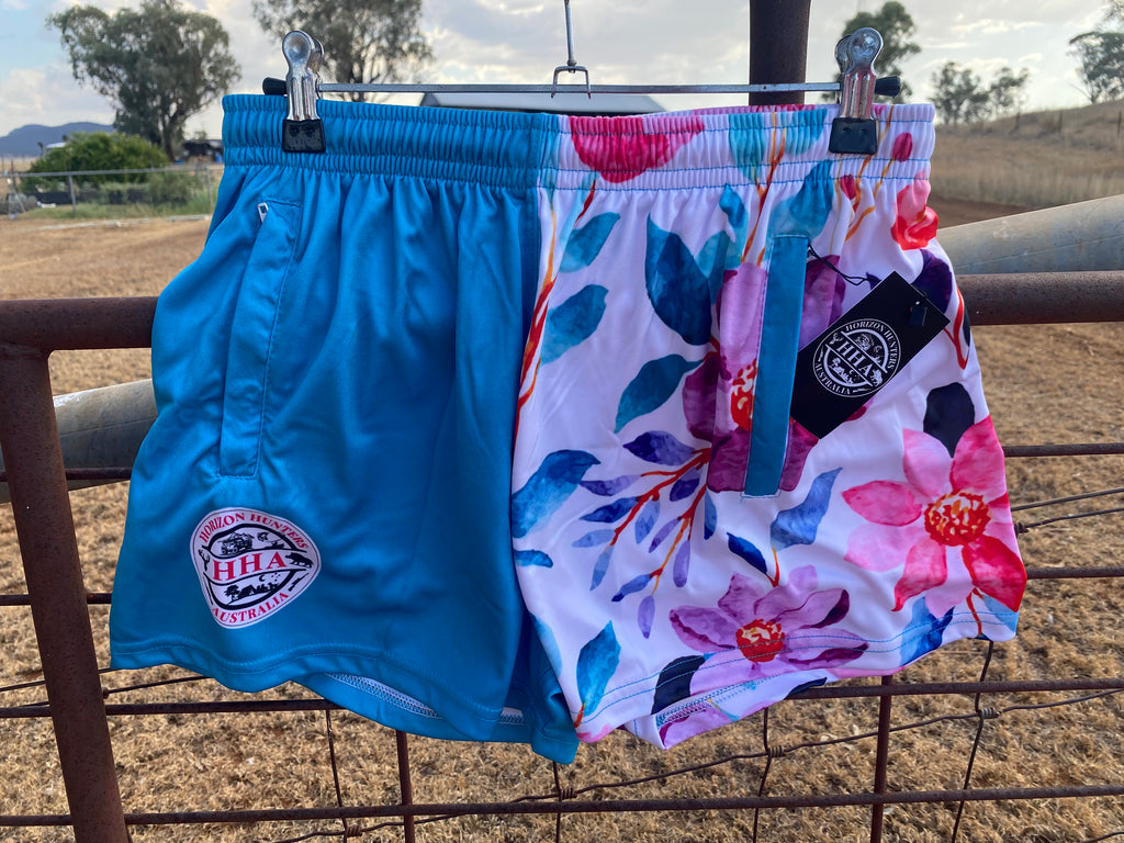 Footy Shorts - Teal & Floral - Zip pockets
