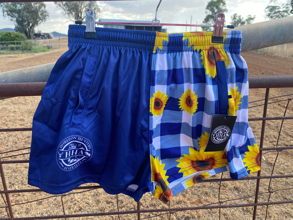 Footy Shorts - Navy & white gingham with sunflowers - Zip pockets
